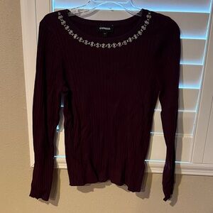 NWOT Express Women's Dark Purple Embellished Ribbed Sweater - Large